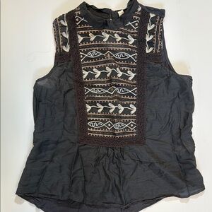 Gray Sleeveless Ruffled Blouse with Embellished Front